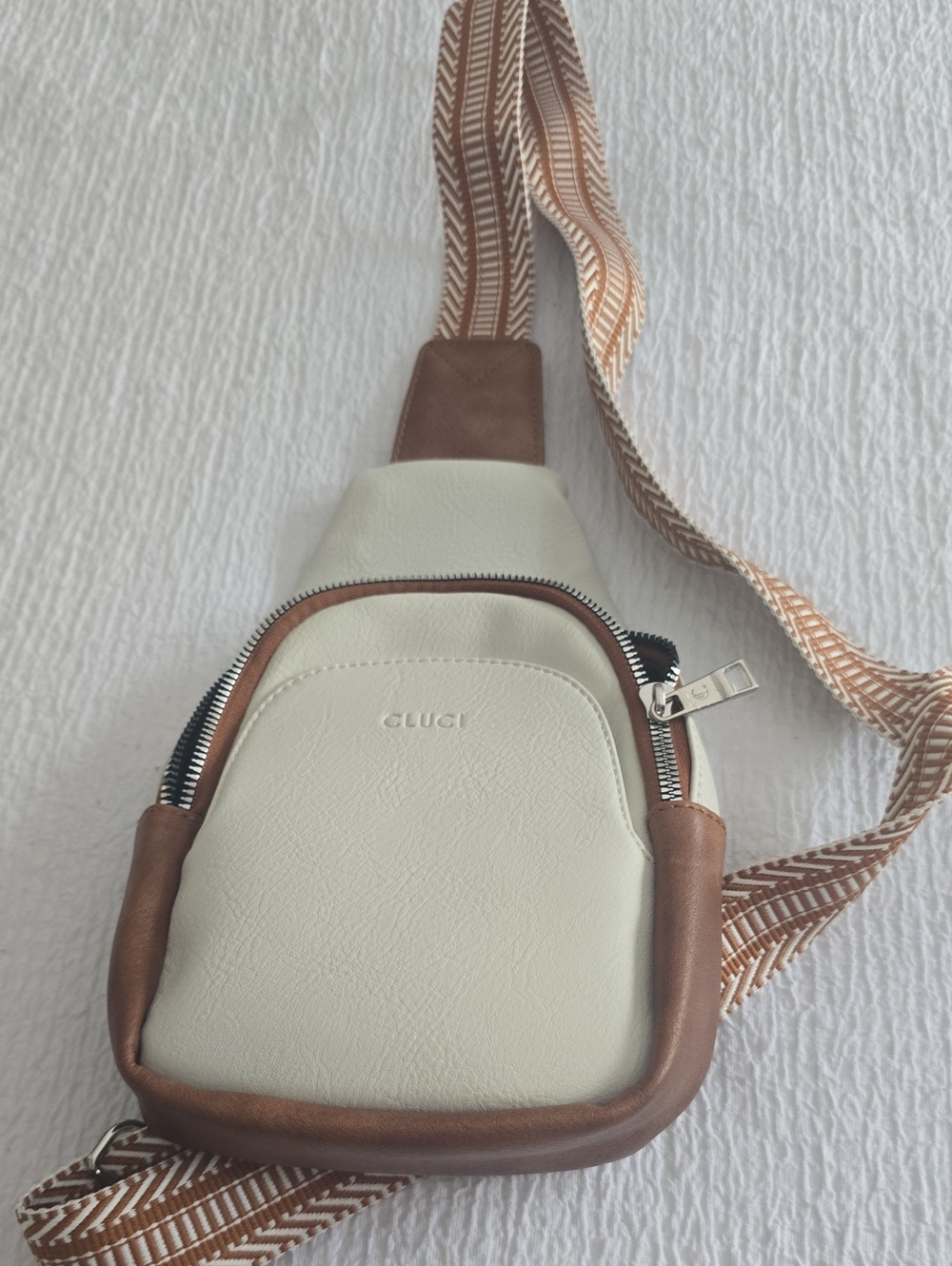 White and Brown Crossbody Sling Bag with Adjustable Strap